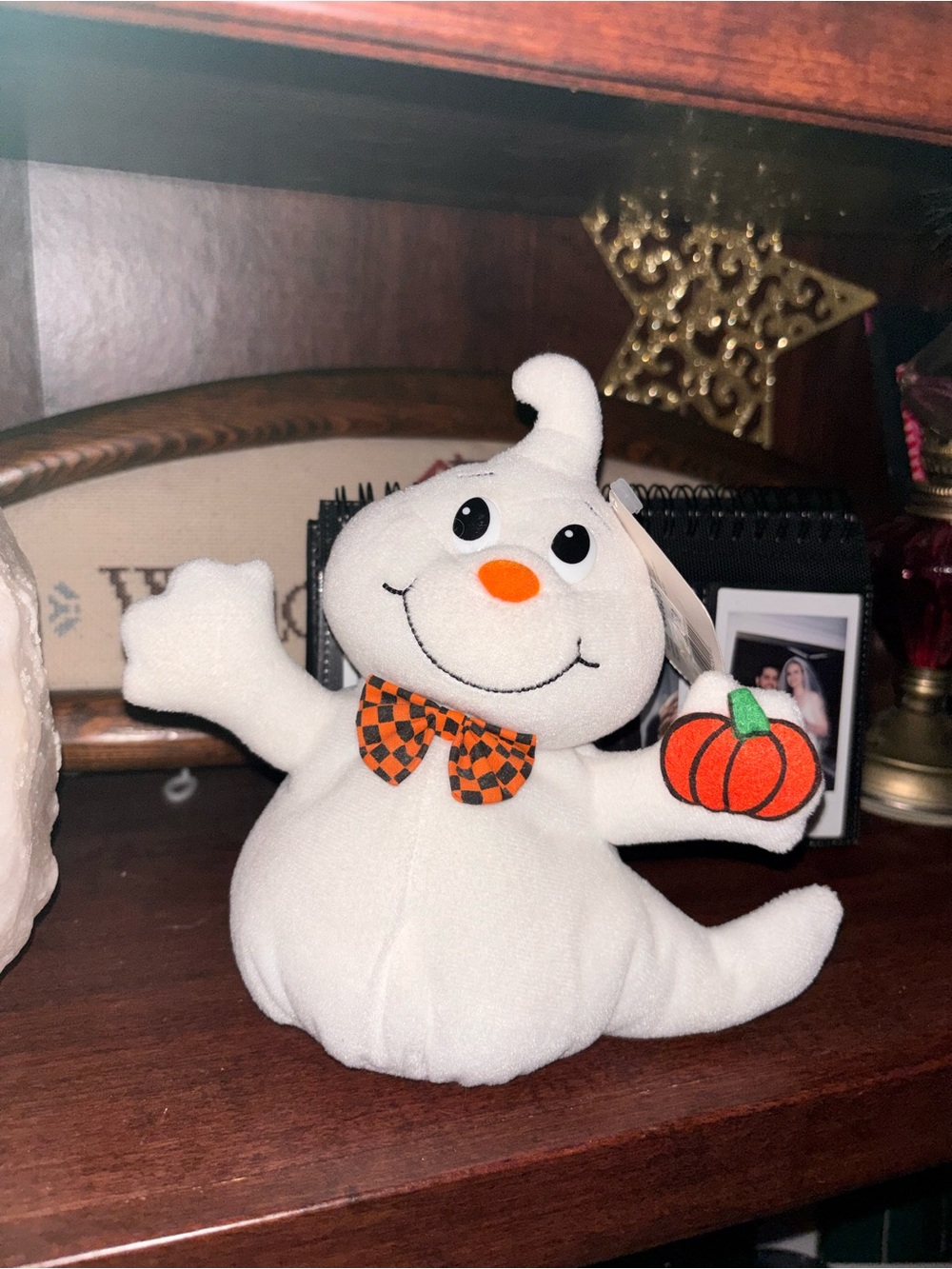 White Halloween Ghost Plush with Orange Pumpkin and Bow